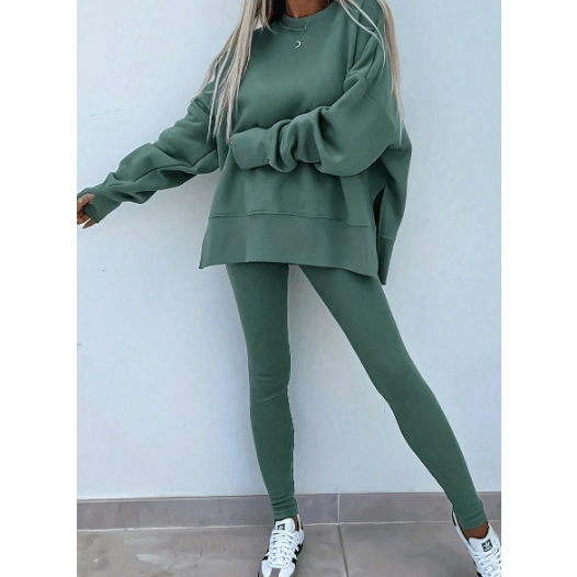 Mylah Green Oversize Slit Sweatshirt Ribbed Leggings 2pcs Set