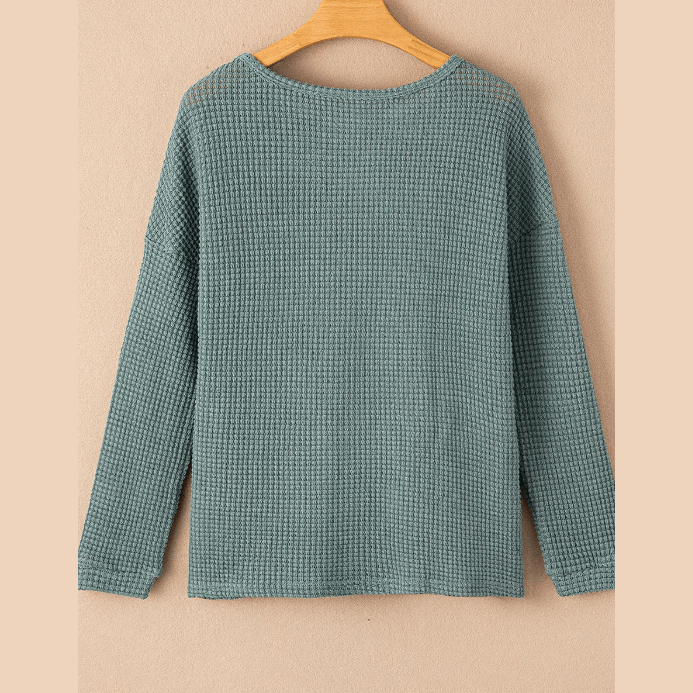 Jenee Green Waffle Knit Drop Shoulder Long Sleeve Top