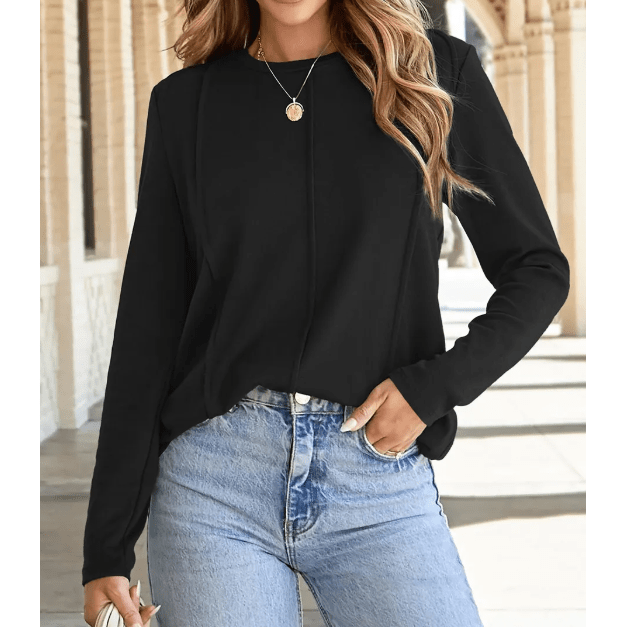 Farzana Black Dahlia Exposed Seam Crew Neck Long Sleeve Top