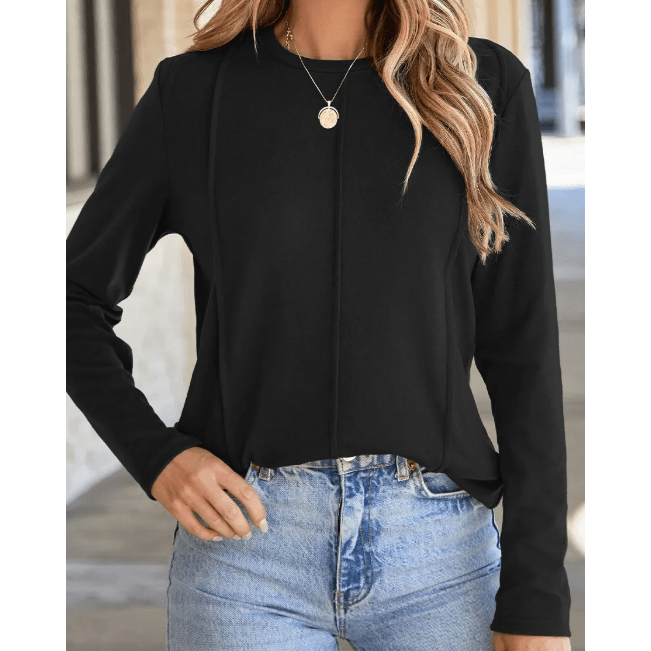 Farzana Black Dahlia Exposed Seam Crew Neck Long Sleeve Top