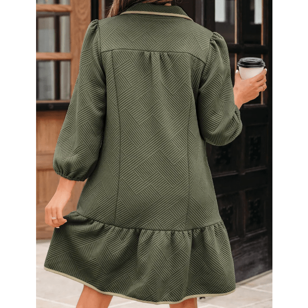 Ophelia Jungle Green Quarter Zip Collar Bracelet Sleeve Textured Mini Dress