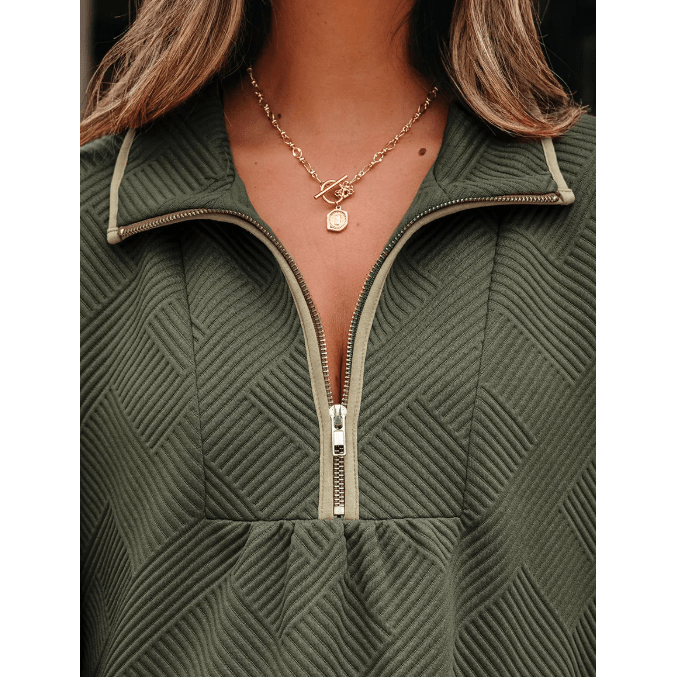 Ophelia Jungle Green Quarter Zip Collar Bracelet Sleeve Textured Mini Dress