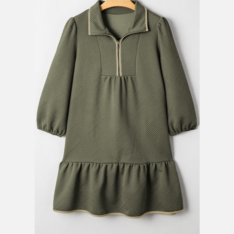 Ophelia Jungle Green Quarter Zip Collar Bracelet Sleeve Textured Mini Dress