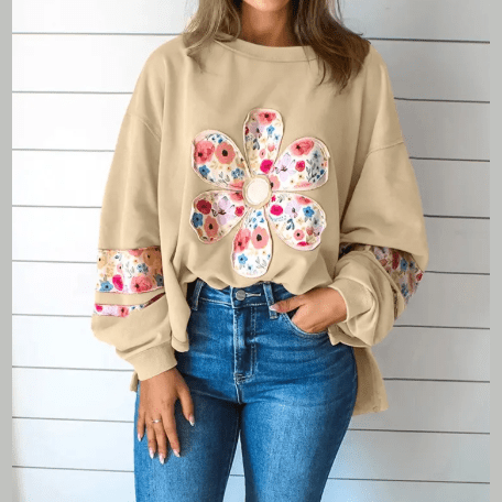 Elodie Pale Khaki Blossom Floral Applique Baggy Pullover Sweatshirt