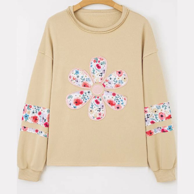 Elodie Pale Khaki Blossom Floral Applique Baggy Pullover Sweatshirt