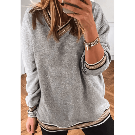 Ember Grey Varsity Contrast Striped Trim V Neck Sweatshirt