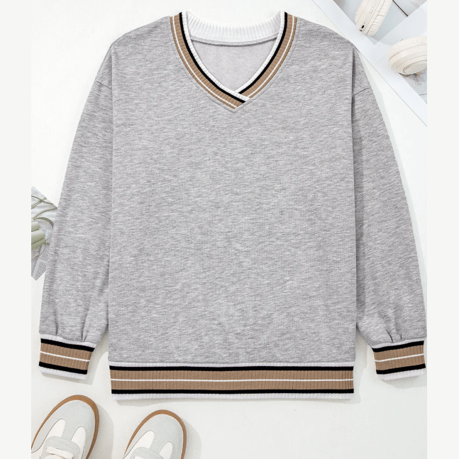 Ember Grey Varsity Contrast Striped Trim V Neck Sweatshirt