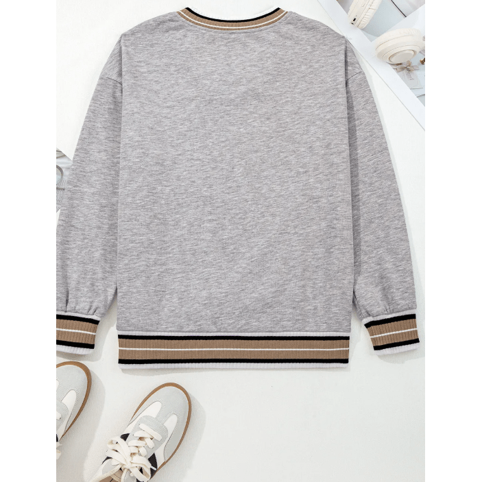 Ember Grey Varsity Contrast Striped Trim V Neck Sweatshirt