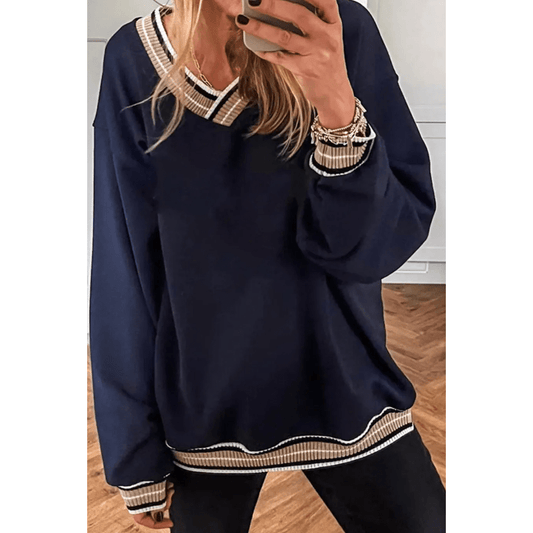 Ember Navy Varsity Contrast Striped Trim V Neck Sweatshirt