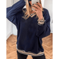 Ember Navy Varsity Contrast Striped Trim V Neck Sweatshirt