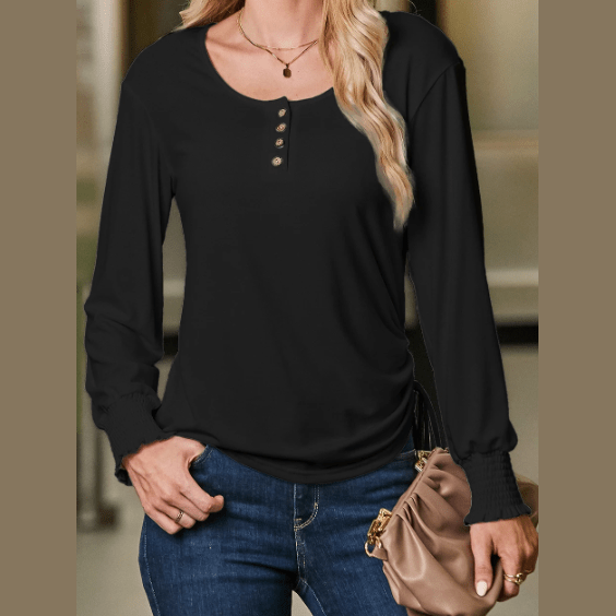 Jamey Black U Neck Smocked Cuffs Side Drawstring Henley Top