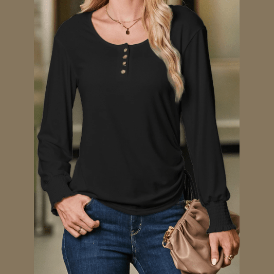 Jamey Black U Neck Smocked Cuffs Side Drawstring Henley Top
