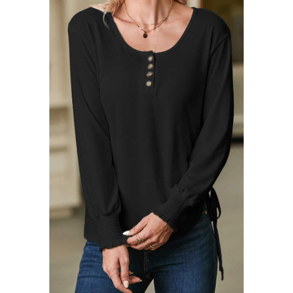 Jamey Black U Neck Smocked Cuffs Side Drawstring Henley Top