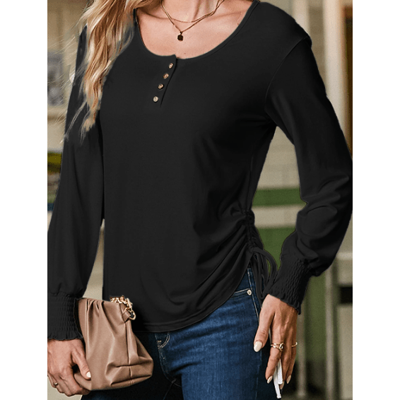 Jamey Black U Neck Smocked Cuffs Side Drawstring Henley Top