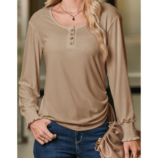 Jamey Khaki U Neck Smocked Cuffs Side Drawstring Henley Top