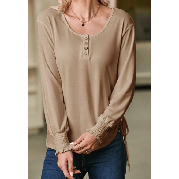 Jamey Khaki U Neck Smocked Cuffs Side Drawstring Henley Top