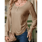 Jamey Khaki U Neck Smocked Cuffs Side Drawstring Henley Top