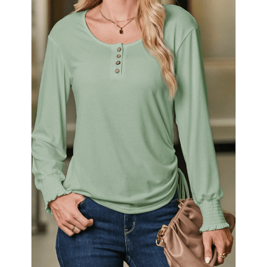 Jamey Light Green U Neck Smocked Cuffs Side Drawstring Henley Top