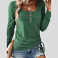 Jamey Dark Green U Neck Smocked Cuffs Side Drawstring Henley Top