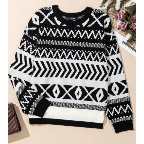 Sunnie Black Abstract Print Pullover Sweater