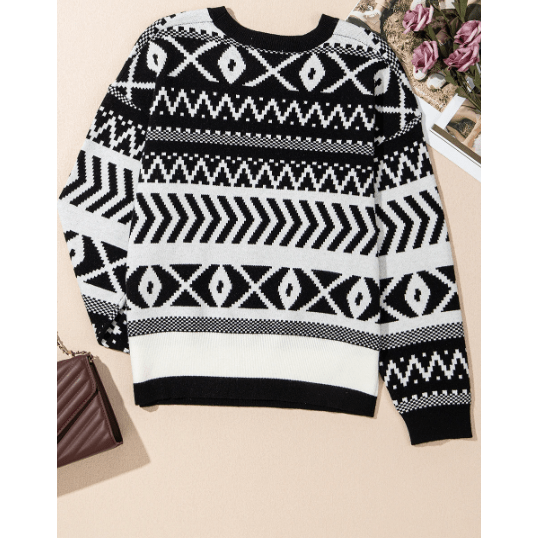 Sunnie Black Abstract Print Pullover Sweater