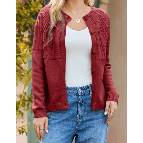 Izabelle Red Textured Detail Button Down Long Sleeve Sweater Cardigan
