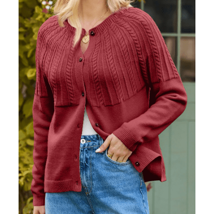 Izabelle Red Textured Detail Button Down Long Sleeve Sweater Cardigan