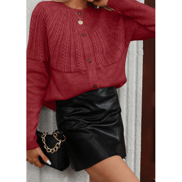 Izabelle Red Textured Detail Button Down Long Sleeve Sweater Cardigan