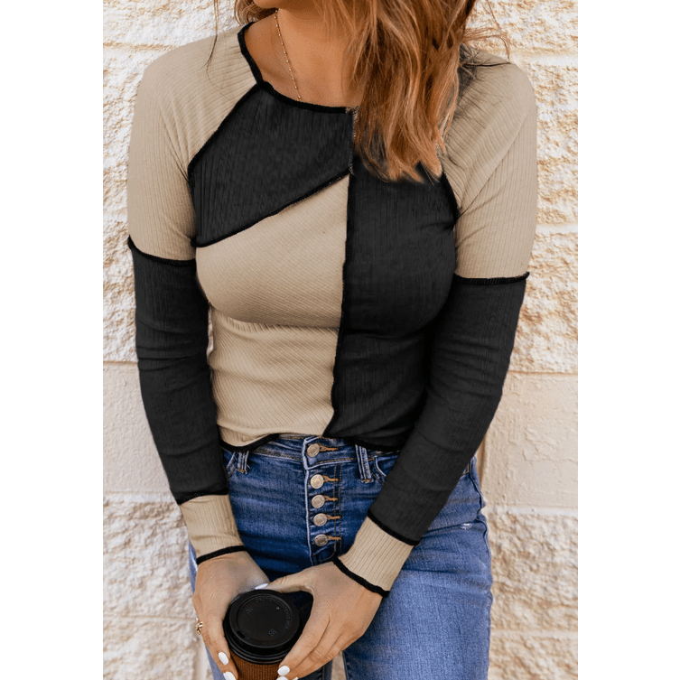 Lola Black Irregular Color Block Seaming Trim Rib Knit Top
