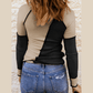 Lola Black Irregular Color Block Seaming Trim Rib Knit Top