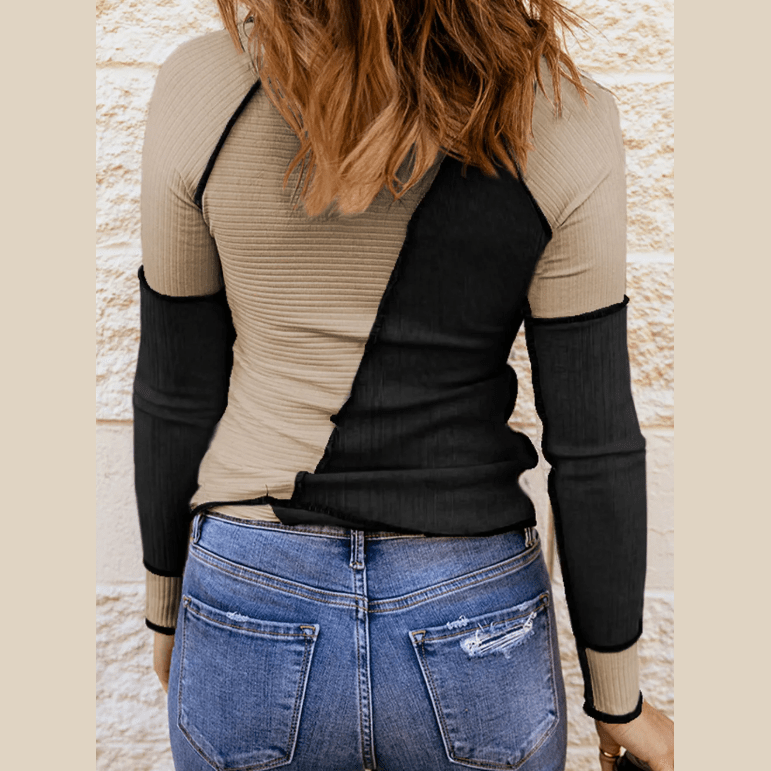 Lola Black Irregular Color Block Seaming Trim Rib Knit Top
