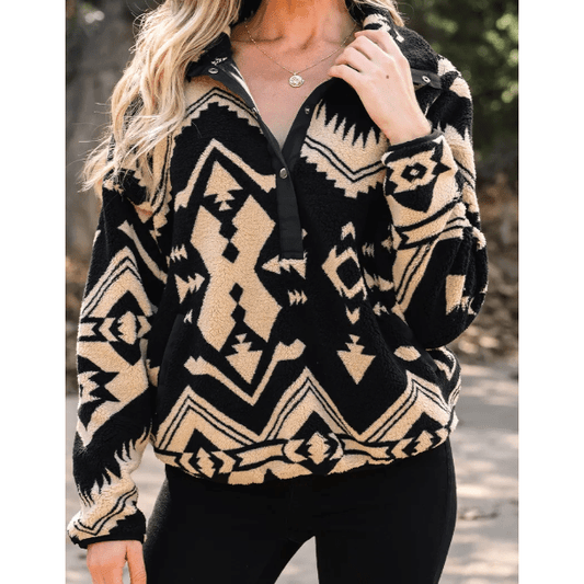 Ofelia Black Western Aztec Half Zip Plush Sweatshirt