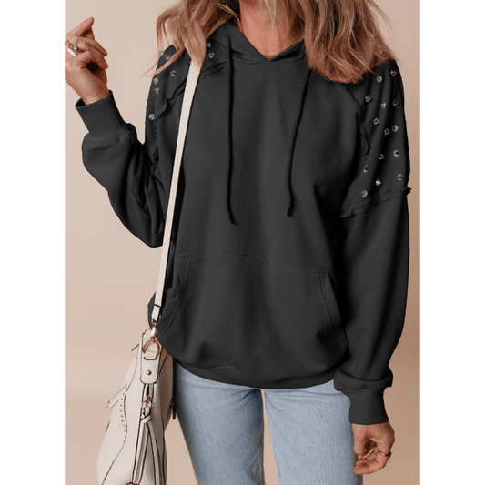 Cali Black Rivet Stud Raglan Sleeve Hoodie with Pocket