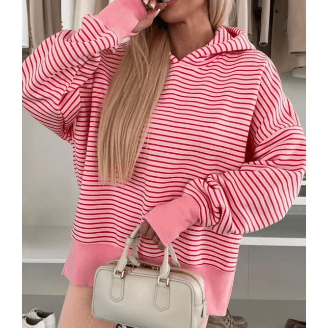 Korie Pink Stripe Thumbhole Side Slits Drop Shoulder Loose Fit Hoodie