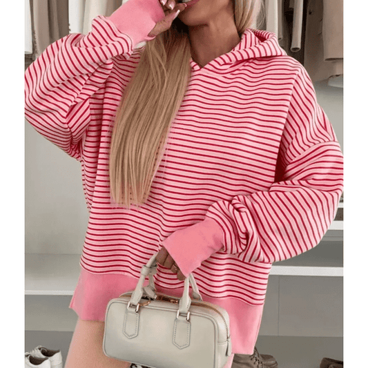 Korie Pink Stripe Thumbhole Side Slits Drop Shoulder Loose Fit Hoodie