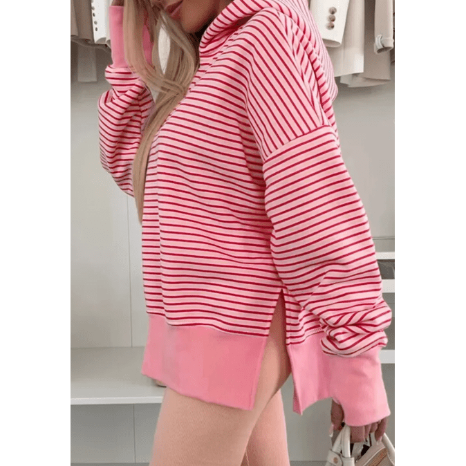Korie Pink Stripe Thumbhole Side Slits Drop Shoulder Loose Fit Hoodie