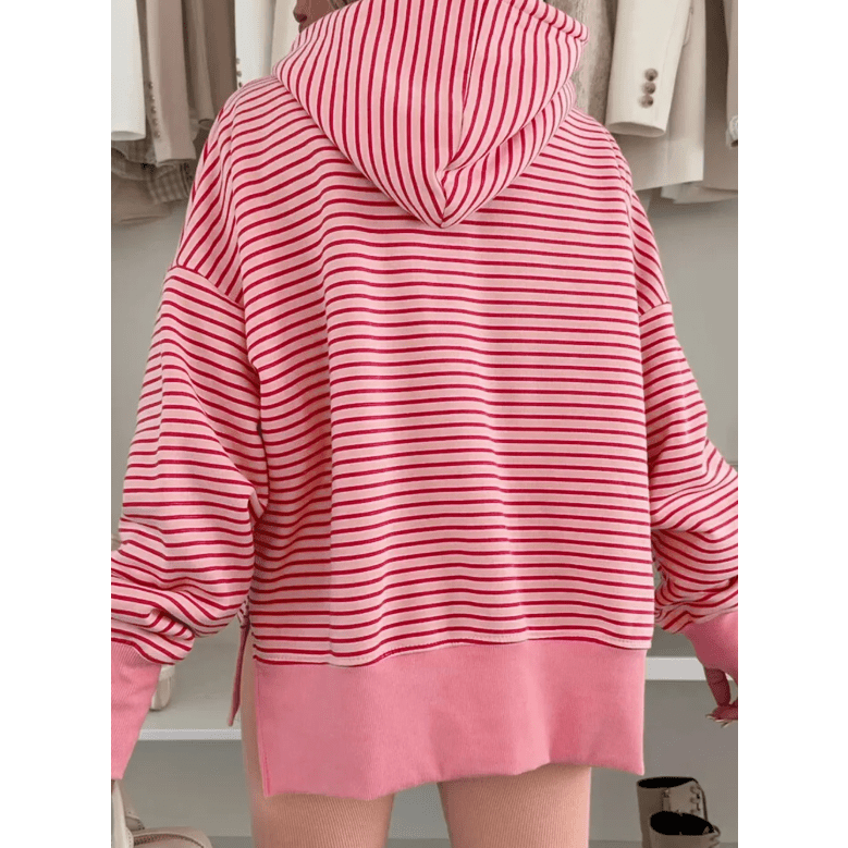 Korie Pink Stripe Thumbhole Side Slits Drop Shoulder Loose Fit Hoodie