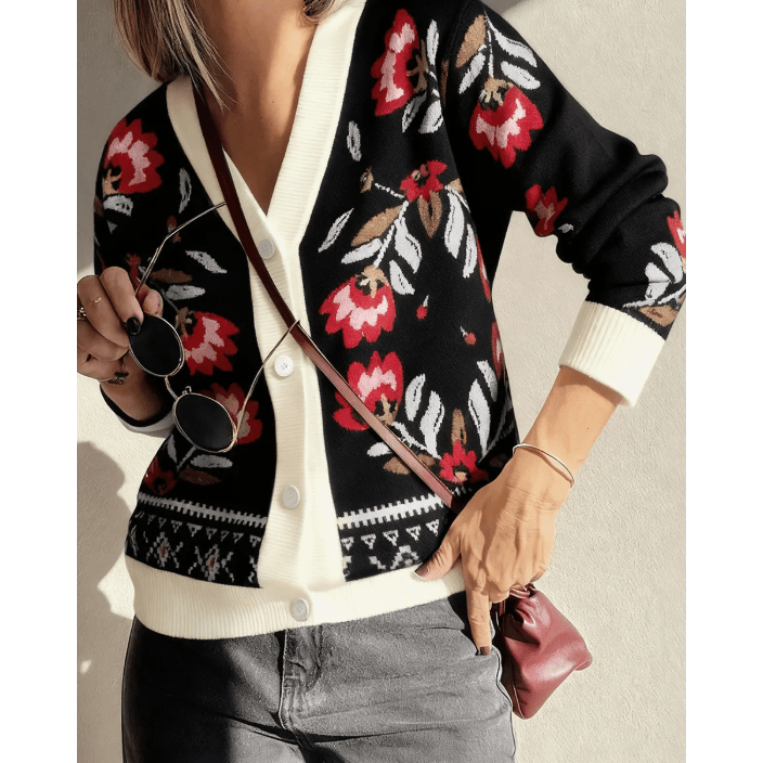 Teresa Black Floral Print Buttoned Front V Neck Knit Cardigan