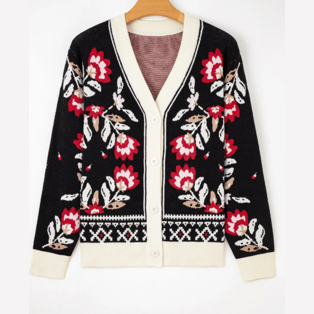 Teresa Black Floral Print Buttoned Front V Neck Knit Cardigan