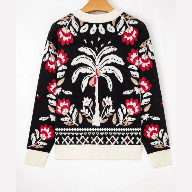 Teresa Black Floral Print Buttoned Front V Neck Knit Cardigan