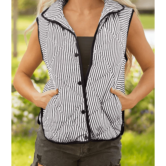 Nycole Black Stripe Contrast Trim Snap Button Collared Winter Vest