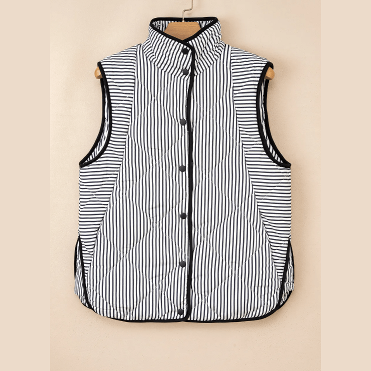 Nycole Black Stripe Contrast Trim Snap Button Collared Winter Vest