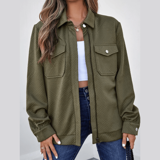 Jacqueline Green Zip Up Button Flap Pocket Shirt Collar Jackets