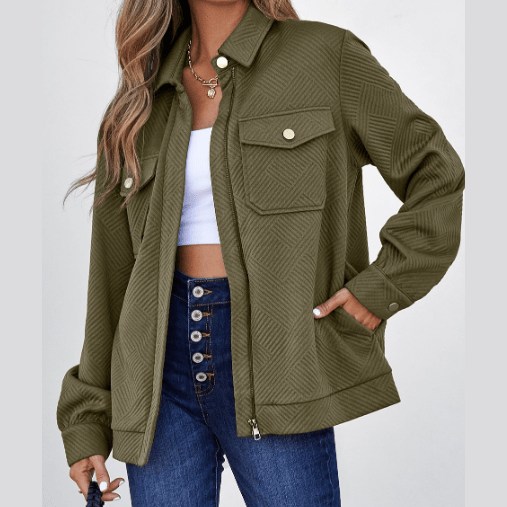 Jacqueline Green Zip Up Button Flap Pocket Shirt Collar Jackets