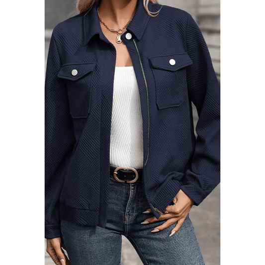 Jacqueline Navy Zip Up Button Flap Pocket Shirt Collar Jackets