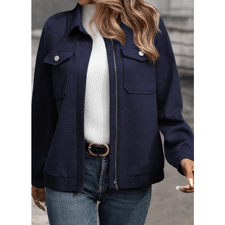 Jacqueline Navy Zip Up Button Flap Pocket Shirt Collar Jackets