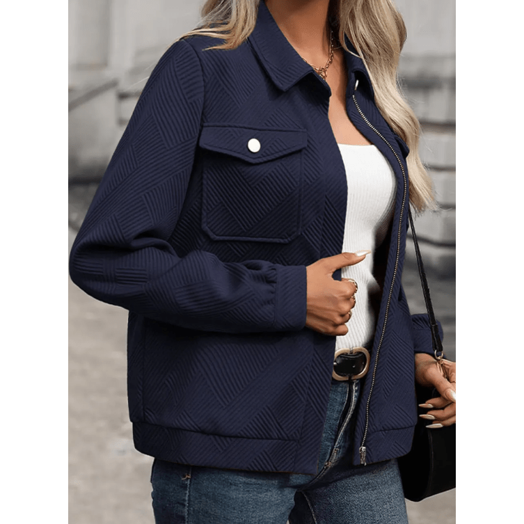 Jacqueline Navy Zip Up Button Flap Pocket Shirt Collar Jackets