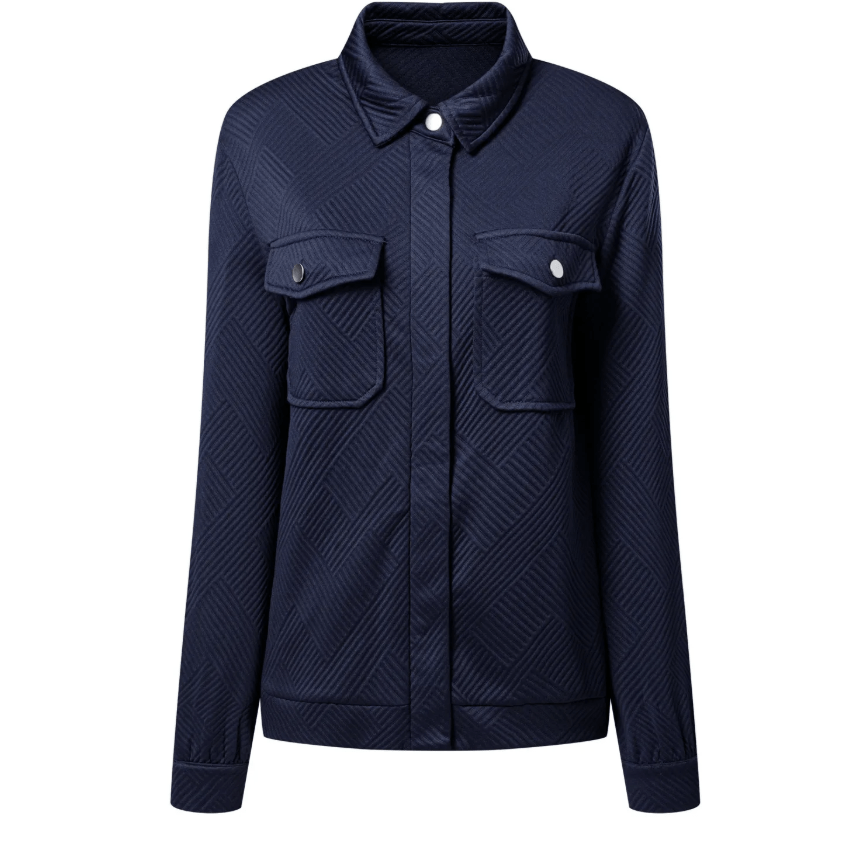 Jacqueline Navy Zip Up Button Flap Pocket Shirt Collar Jackets