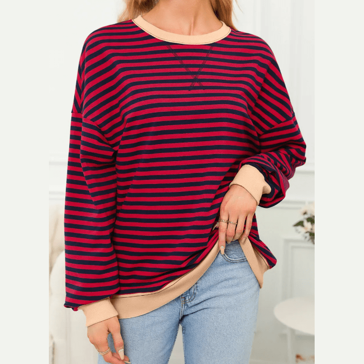 Adilynn Red Stripe Contrast Ribbed Trim Crossed Stitch Drop Shoulder Sweatshirt