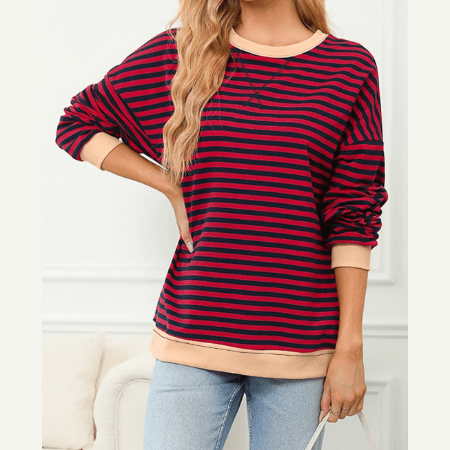 Adilynn Red Stripe Contrast Ribbed Trim Crossed Stitch Drop Shoulder Sweatshirt